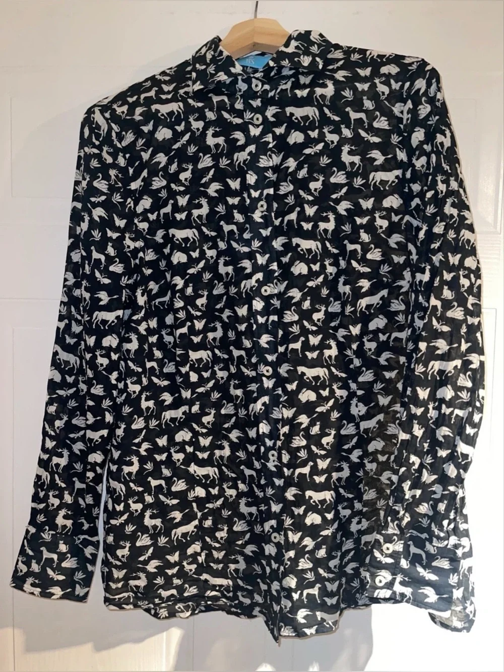 B.S Frankonia Black Sheer Cotton Button-Up Shirt Blouse with White Animal Print - Picture 2 of 11